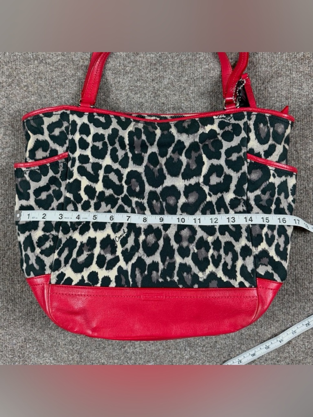 Coach Ocelot Animal Print Carrie Tote Shoulder Bag Red Leather Trim Zip Closure - Picture 13 of 14